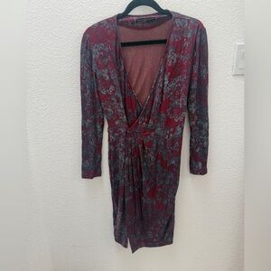 Peruvian Connection Maroon and Gray Floral Button Wrap Dress size Small *no belt
